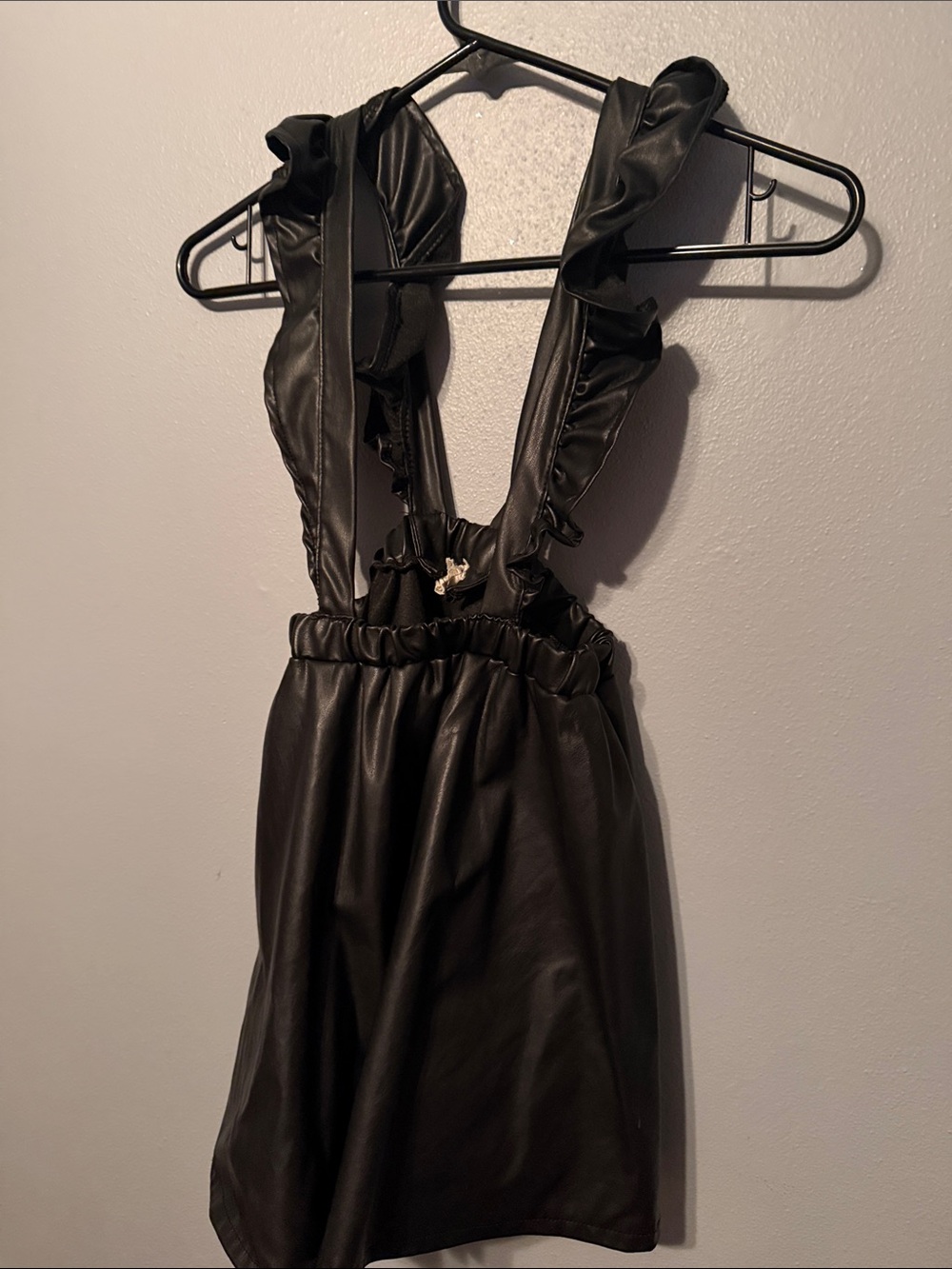 btween Black Faux Leather Ruffled Strap Skirted Chemise